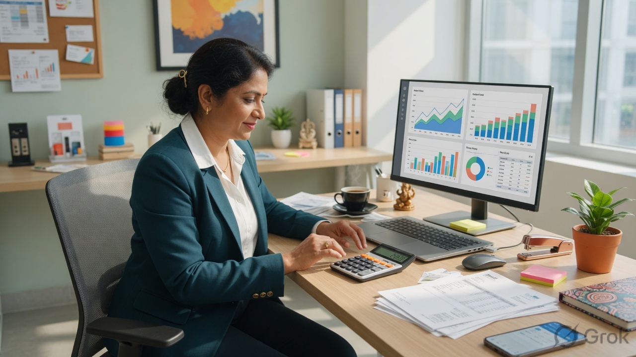 Business owner managing GST invoices on laptop